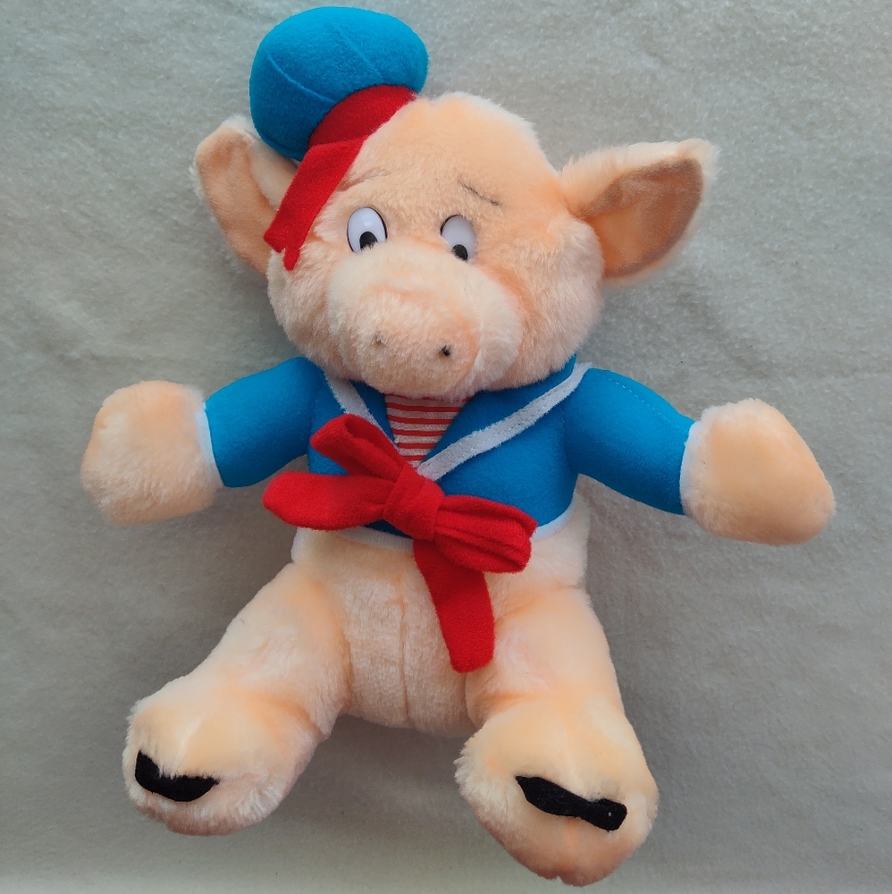 Vintage Three 3 Little Pigs 10" Plush, Blue Outfit Hat Red Bow